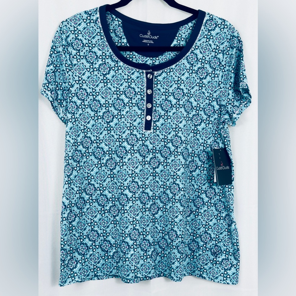 Cuddl Duds Ocean Blue Super Soft & Stretchy Short Sleeve Sleep Top   Small  NWT